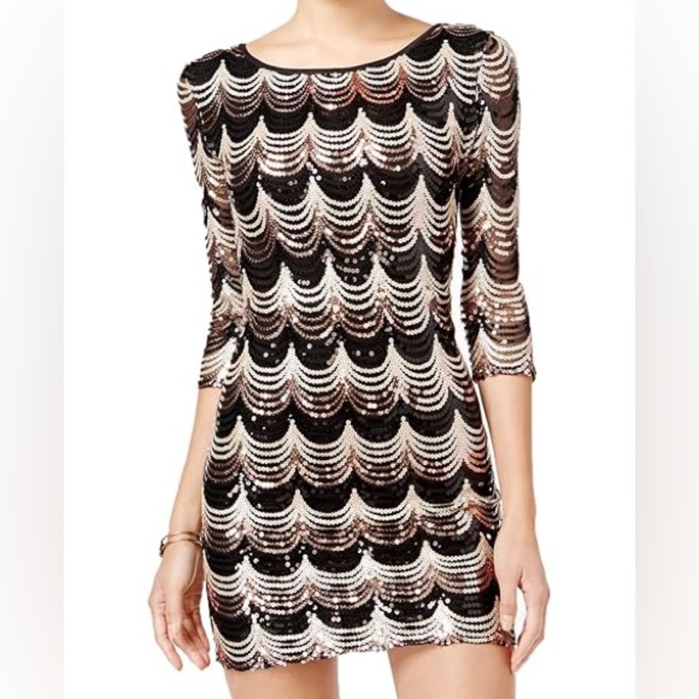 Charlotte Russe Scallops Sparkle Black & Gold Sequin Long Sleeve Dress New Years